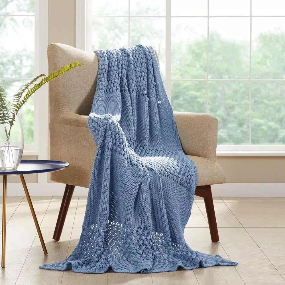 MODERN THREADS Blue Cotton Cable Knit Throw with Popcorn-Stitch Design