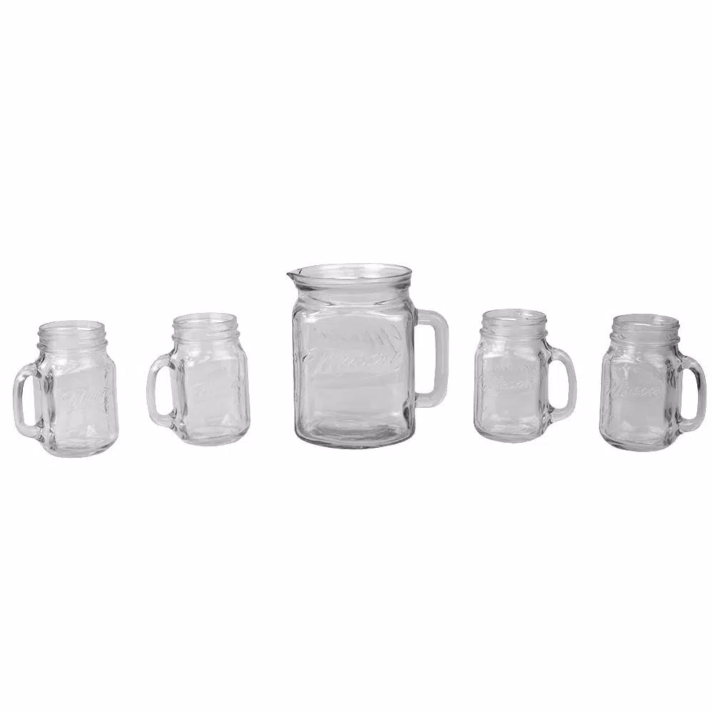 Unbranded Clear Glass Beverage Serveware Set - 2L Pitcher and 4 Matching Mugs