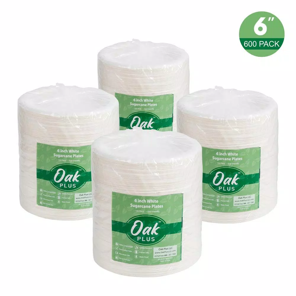 Unbranded 6 in. White Sugarcane Plates, 600 Pack - Eco-Friendly Biodegradable Disposable Plates