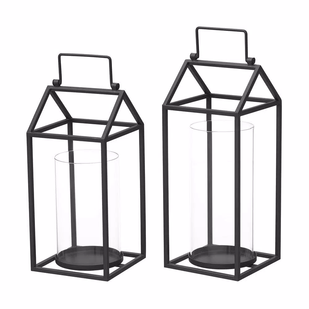 StyleWell Black Metal and Glass Candle Lantern Set of 2, Hanging or Tabletop