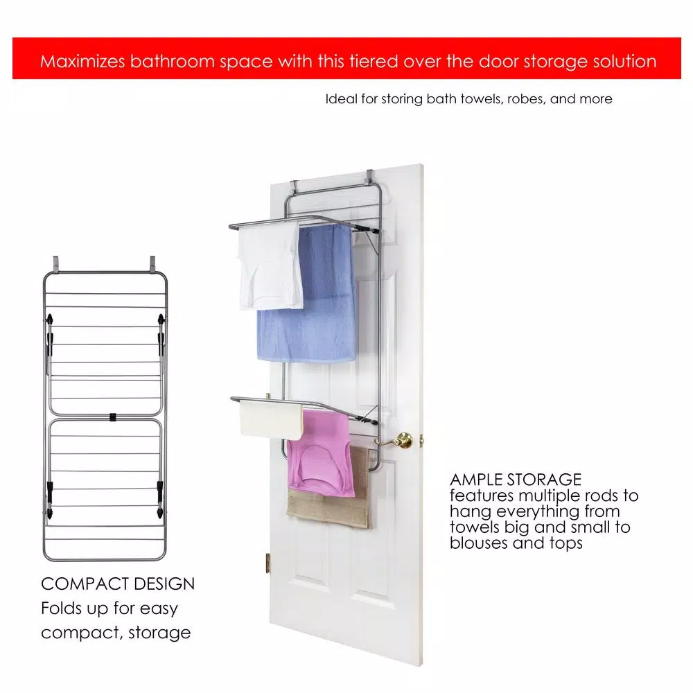 Home Basics 10-Bar Over-the-Door Towel Rack, Collapsible Steel Storage Organizer, Grey