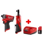 Milwaukee M12 12V Cordless 3/8 in. Ratchet and FUEL 1/4 in. Impact Driver Combo Kit with 2.0Ah Battery & Charger thumbnail 1