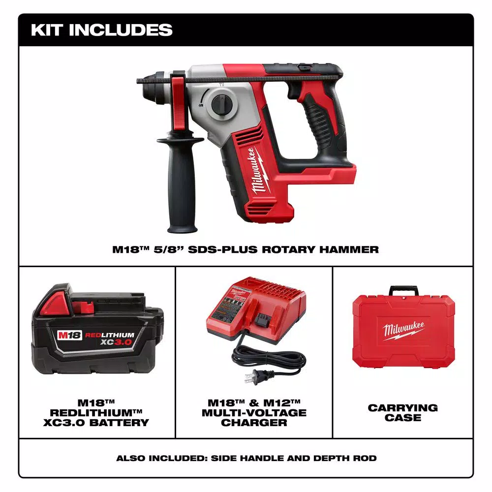 Milwaukee M18 18V Lithium-Ion Cordless 5/8 in. SDS-Plus Rotary Hammer Kit with 3.0Ah Battery and Charger