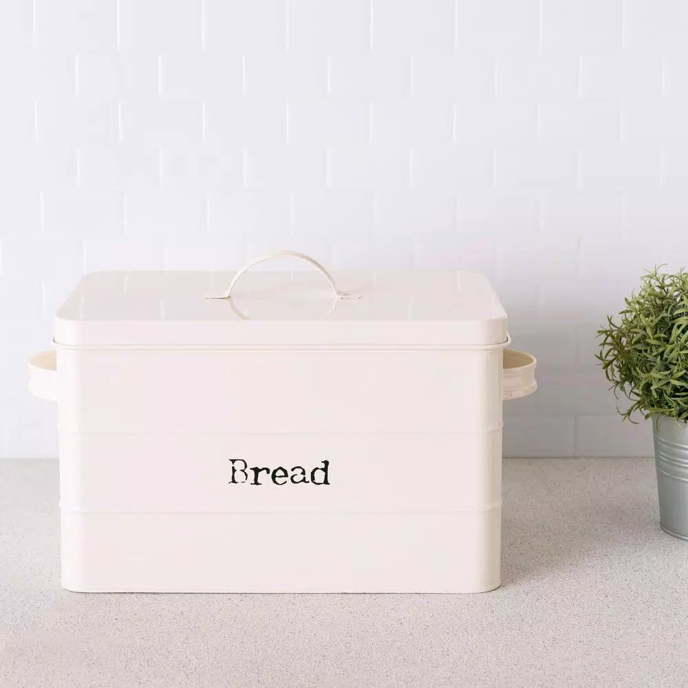 Home Basics Vintage Style Tin Bread Box - Ivory Metal Bread Canister with Airtight Lid