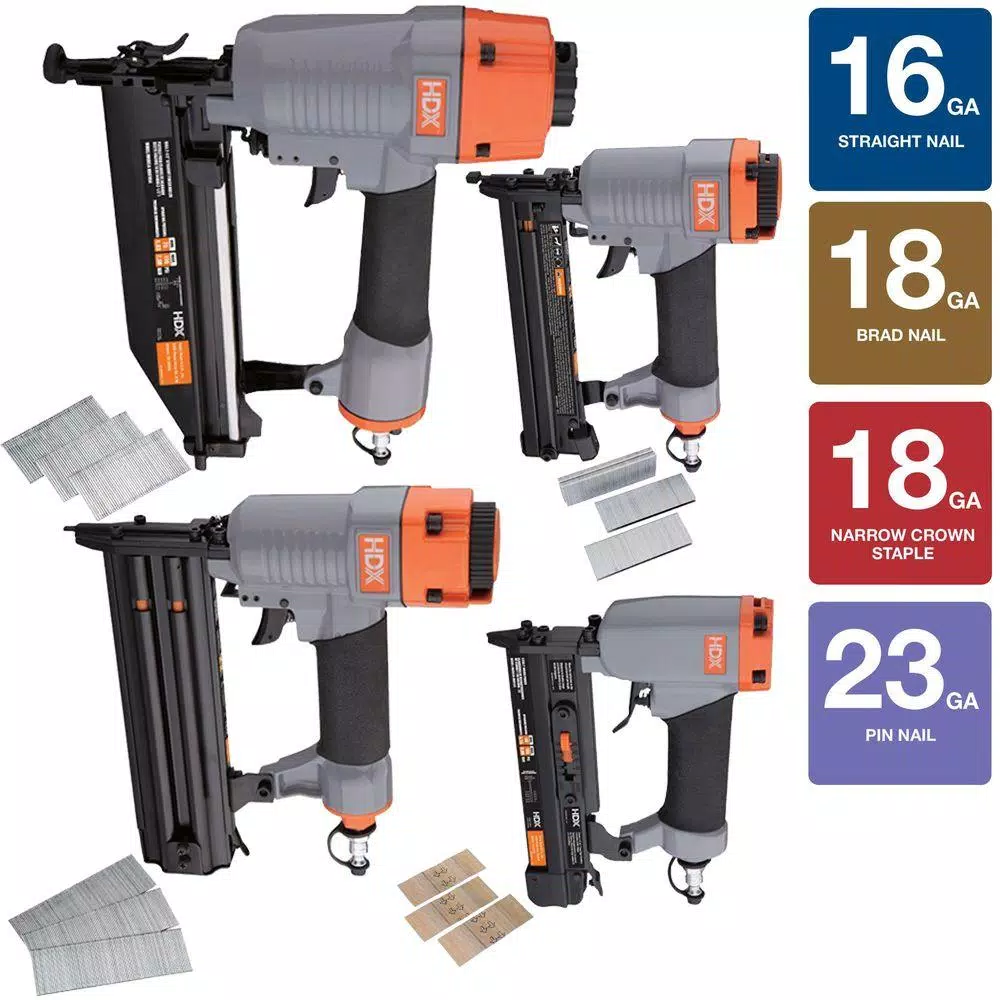 HDX 4-Piece Pneumatic Finishing Kit with Fasteners - Air Nailer and Stapler Set