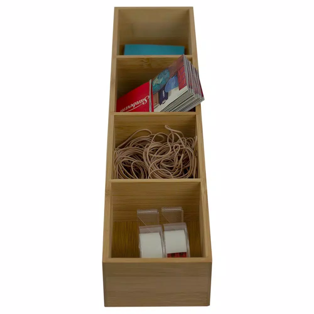 Unbranded Natural Bamboo Drawer Organizer - 4 Compartment Long Slim Storage Tray, 17.5 x 4 in.