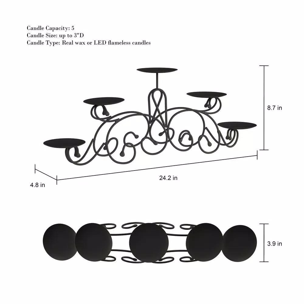 Lavish Home 5-Light Matte Black Iron Candelabra with Classic Scroll Design