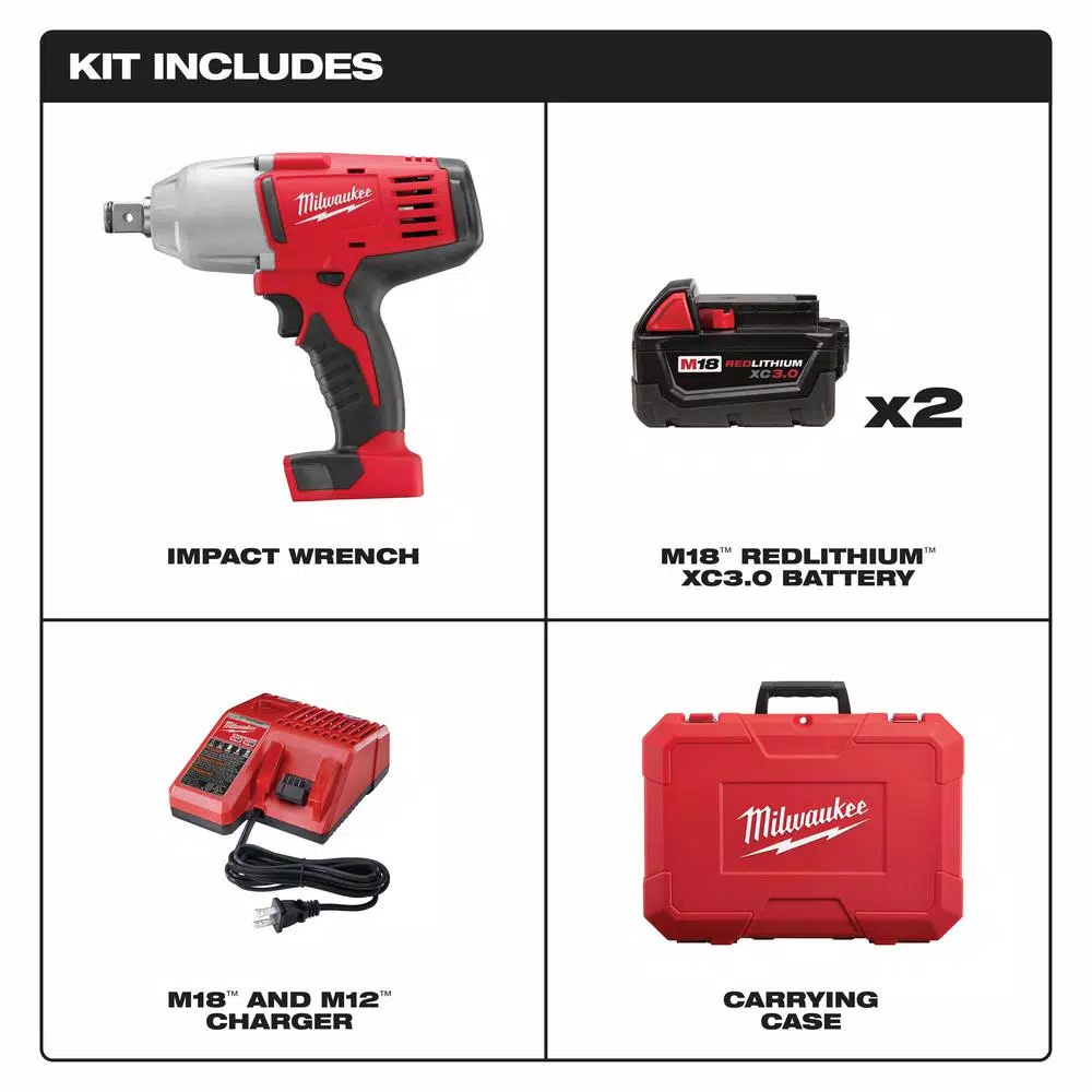 Milwaukee M18 18V Cordless 3/4 in. High-Torque Impact Wrench Kit with (2) 3.0Ah Batteries, Charger, and Hard Case
