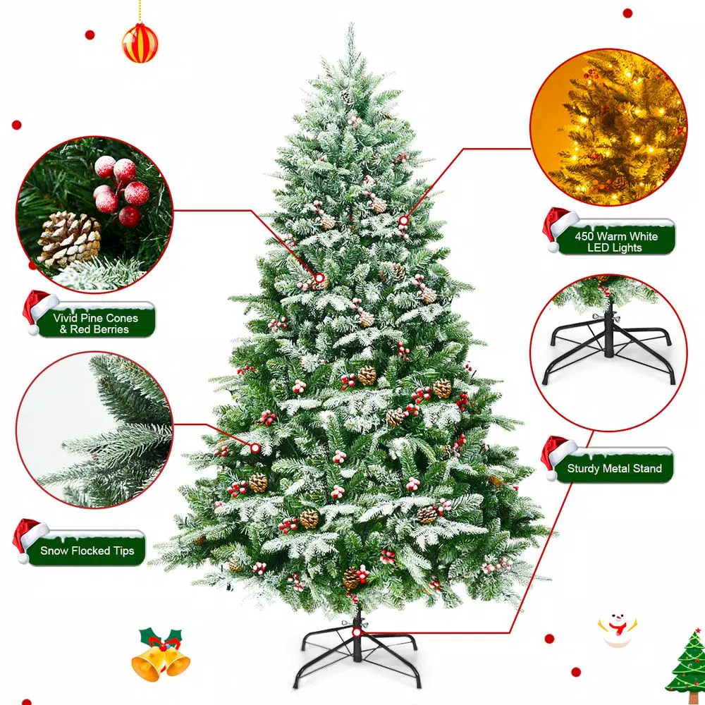 Costway 6.5 ft. Pre-Lit Slim Fraser Fir Artificial Christmas Tree with 450 Warm White LED Lights and Snow Flocking