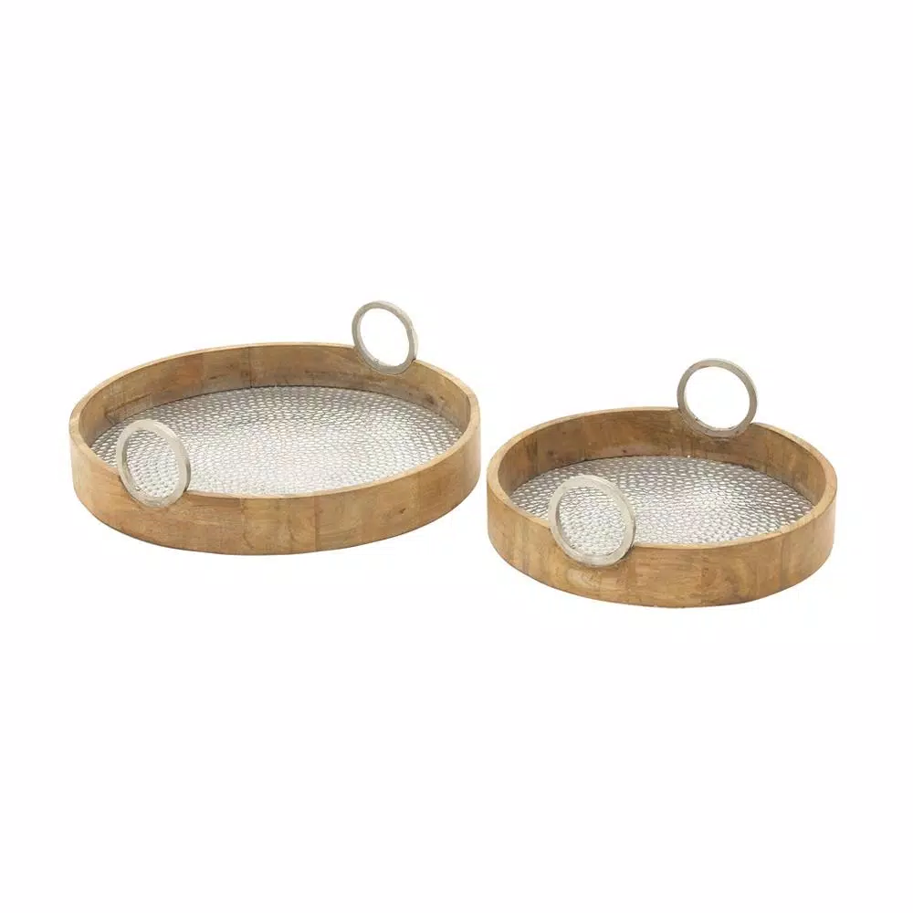 LITTON LANE Rustic Mango Wood and Hammered Aluminum Round Serving Tray Set of 2