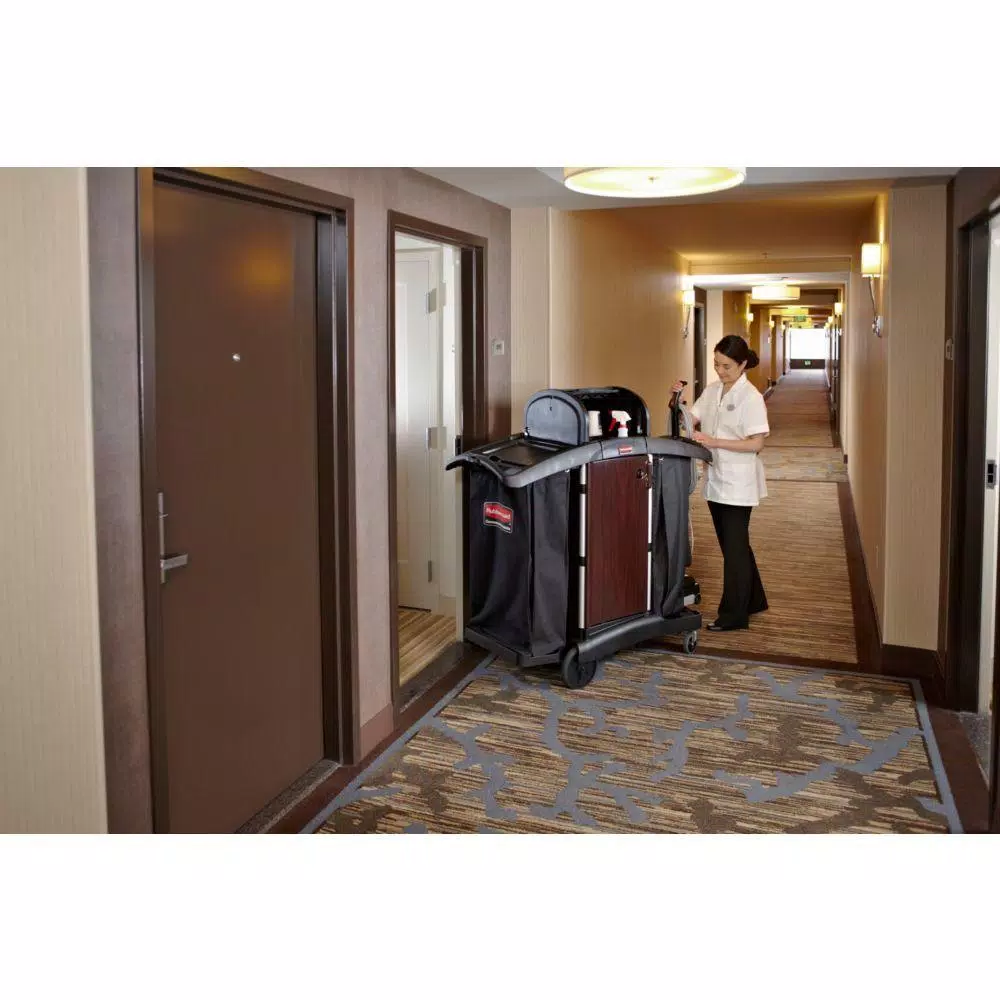 Rubbermaid Commercial Products Executive Housekeeping Compact Cleaning Cart with Locking Cabinets and Zippered Bags