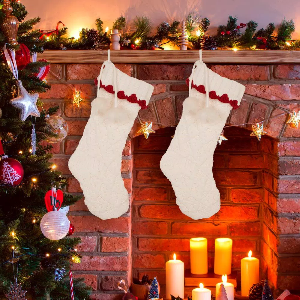 Glitzhome 22 in. White Knitted Acrylic Christmas Stockings with Pompoms (Set of 2)