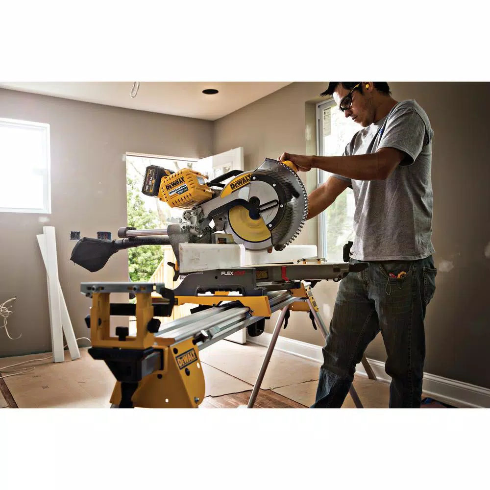 DEWALT 12 in. FLEXVOLT Brushless Sliding Compound Miter Saw Kit with Stand, 2 6.0 Ah Batteries & AC Adapter
