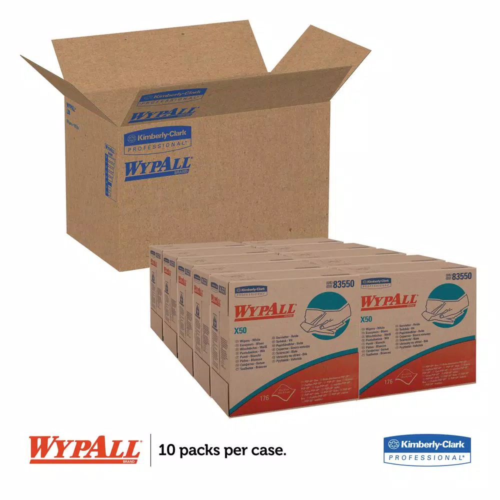 WYPAll X50 Reusable Wipes, White Pop-Up Box, 176 Count, 10 Boxes Per Carton