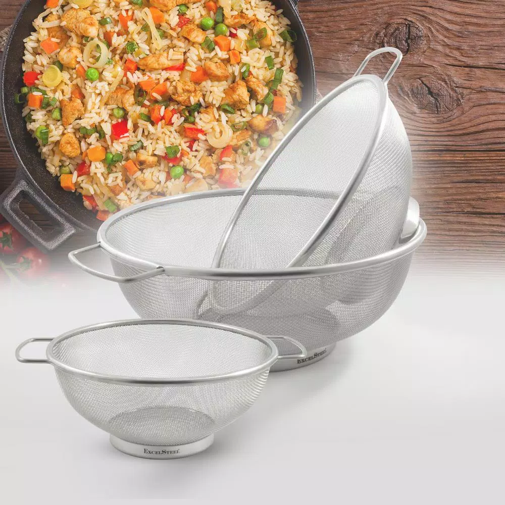 ExcelSteel Stainless Steel Fine Mesh Colander Set with Resting Base (Set of 3)