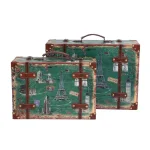 Vintiquewise Set of 2 Vintage-Style World Map Wooden Suitcase Trunks with Leather Straps - Green thumbnail 2