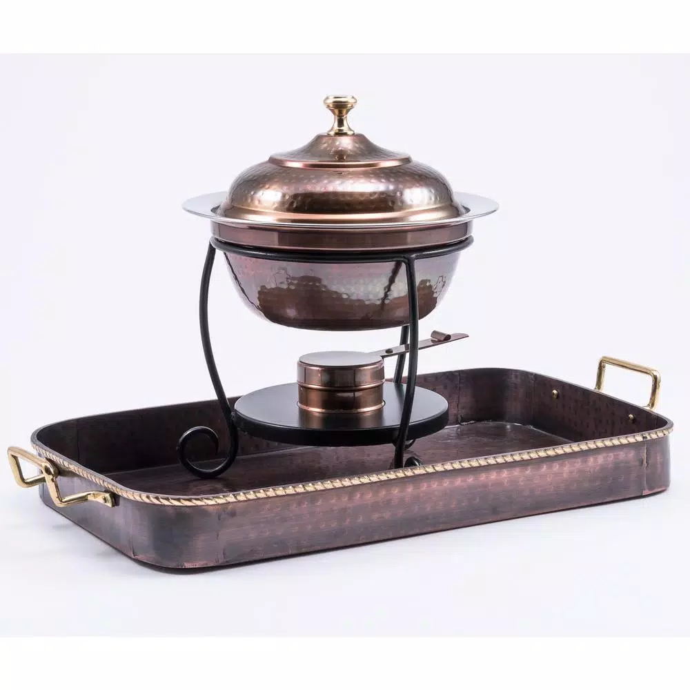 Old Dutch 18 in. Oblong Antique Copper Hand-Hammered Iron Serving Tray with Cast Brass Handles