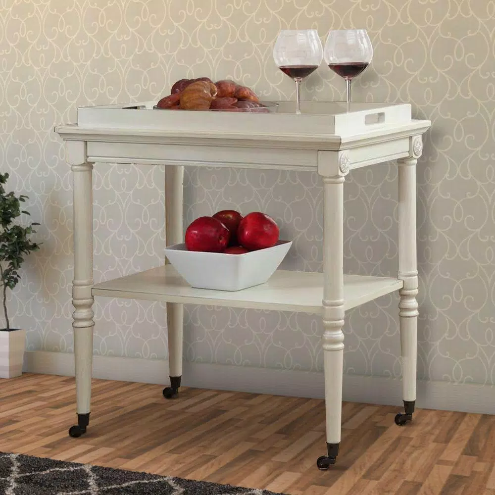 Benjara Antique White Wooden Serving Tray Table with 2-Tier Storage and Casters