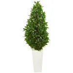Nearly Natural 63-In. Bay Leaf Cone Topiary Artificial Tree with Polished White Planter thumbnail 1