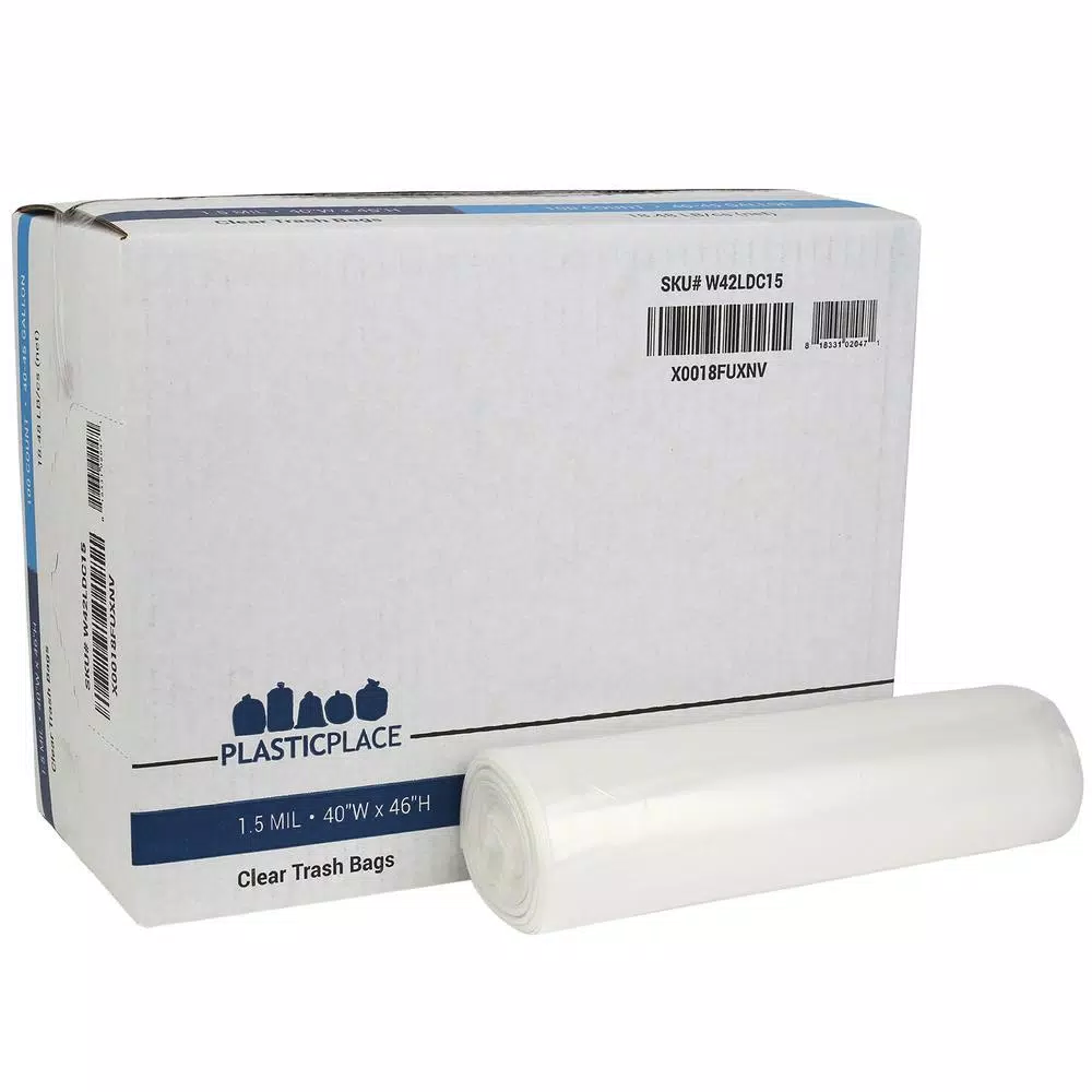 Plasticplace 40-45 Gallon Clear Trash Bags, 1.5 Mil Heavy Duty Low-Density Polyethylene, 100 Count Case
