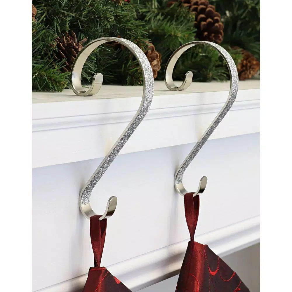 Haute Decor 6 in. Silver Glitter Steel Stocking Scroll Holders, 2-Pack