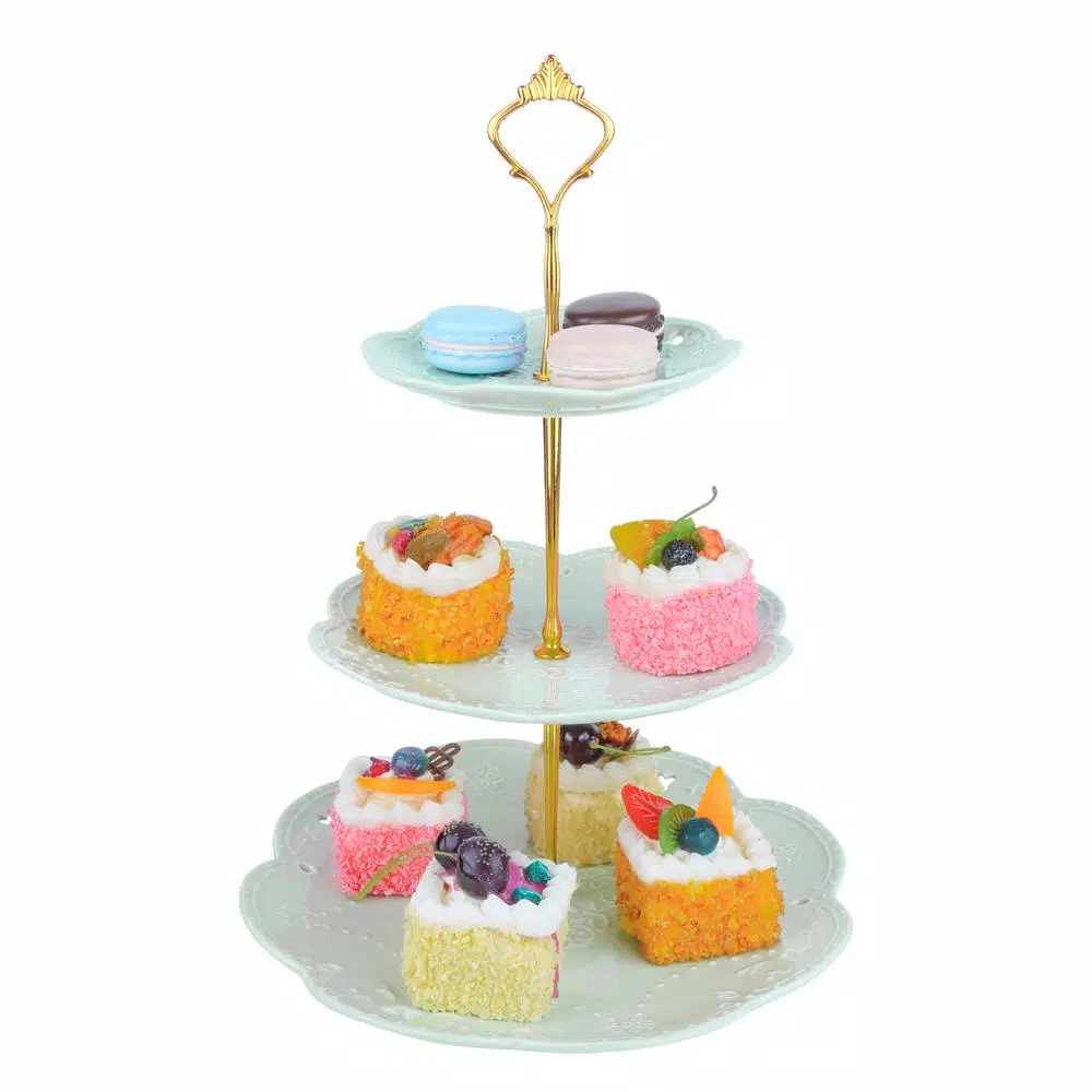 MALACASA 3-Tiered Green Porcelain Cupcake Tower Stand, Round Dessert & Cake Serving Stand