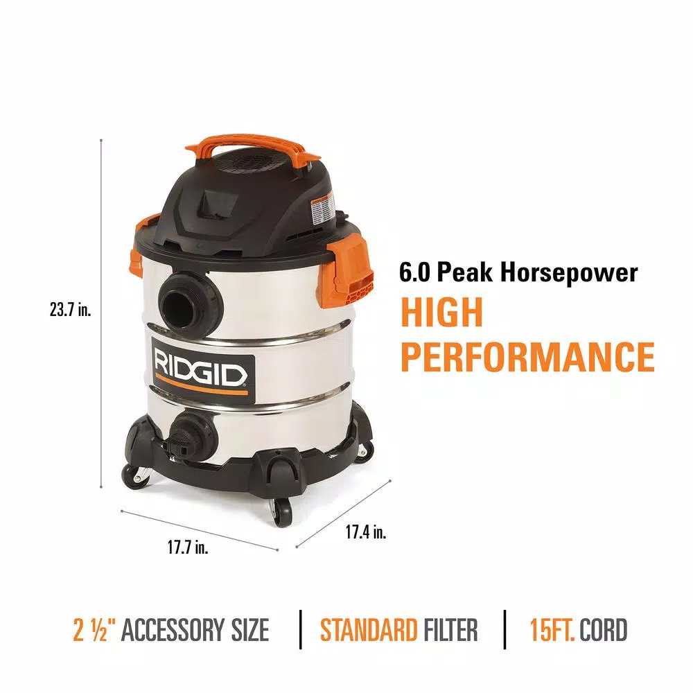 RIDGID 10 Gal. 6.0 Peak HP Stainless Steel Wet/Dry Shop Vacuum with Locking Accessories