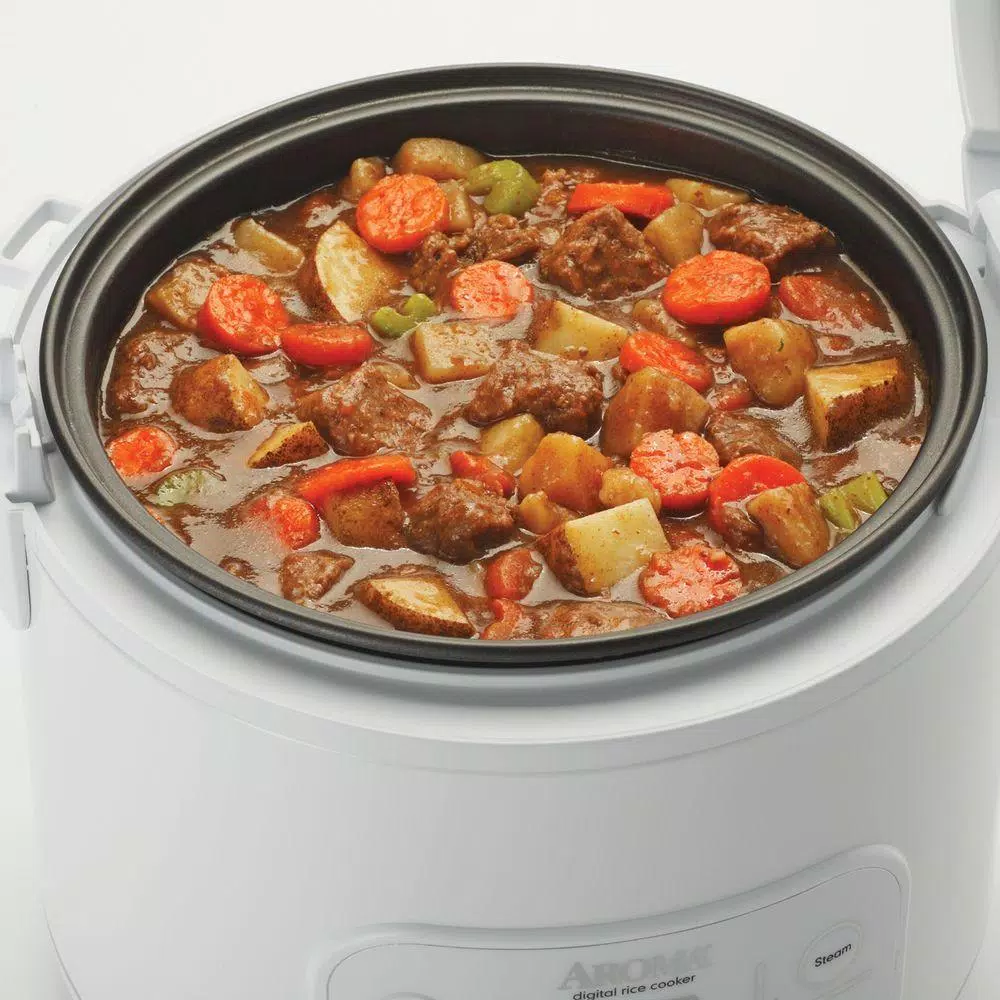 Aroma 8-Cup Digital Rice Cooker and Food Steamer, White with Black Control Panel