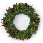 Noble House 24 in. Mixed Pine Artificial Christmas Wreath with Pine Cones, Berries, and Warm White LED Lights thumbnail 1