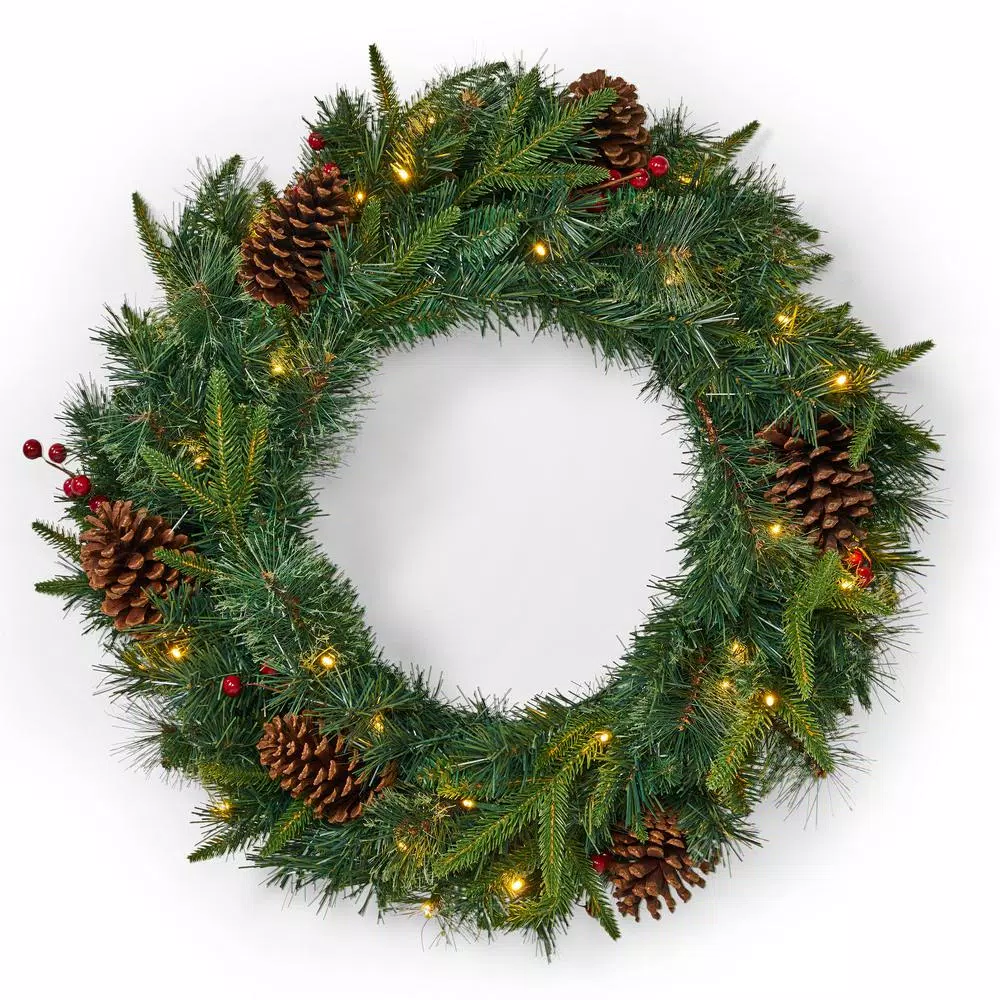 Noble House 24 in. Mixed Pine Artificial Christmas Wreath with Pine Cones, Berries, and Warm White LED Lights