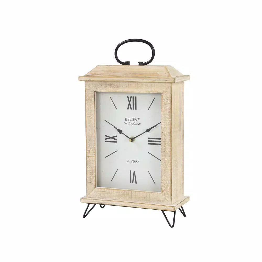 LITTON LANE Farmhouse Rectangular Whitewashed Beige Wooden Table Clock with Roman Numerals