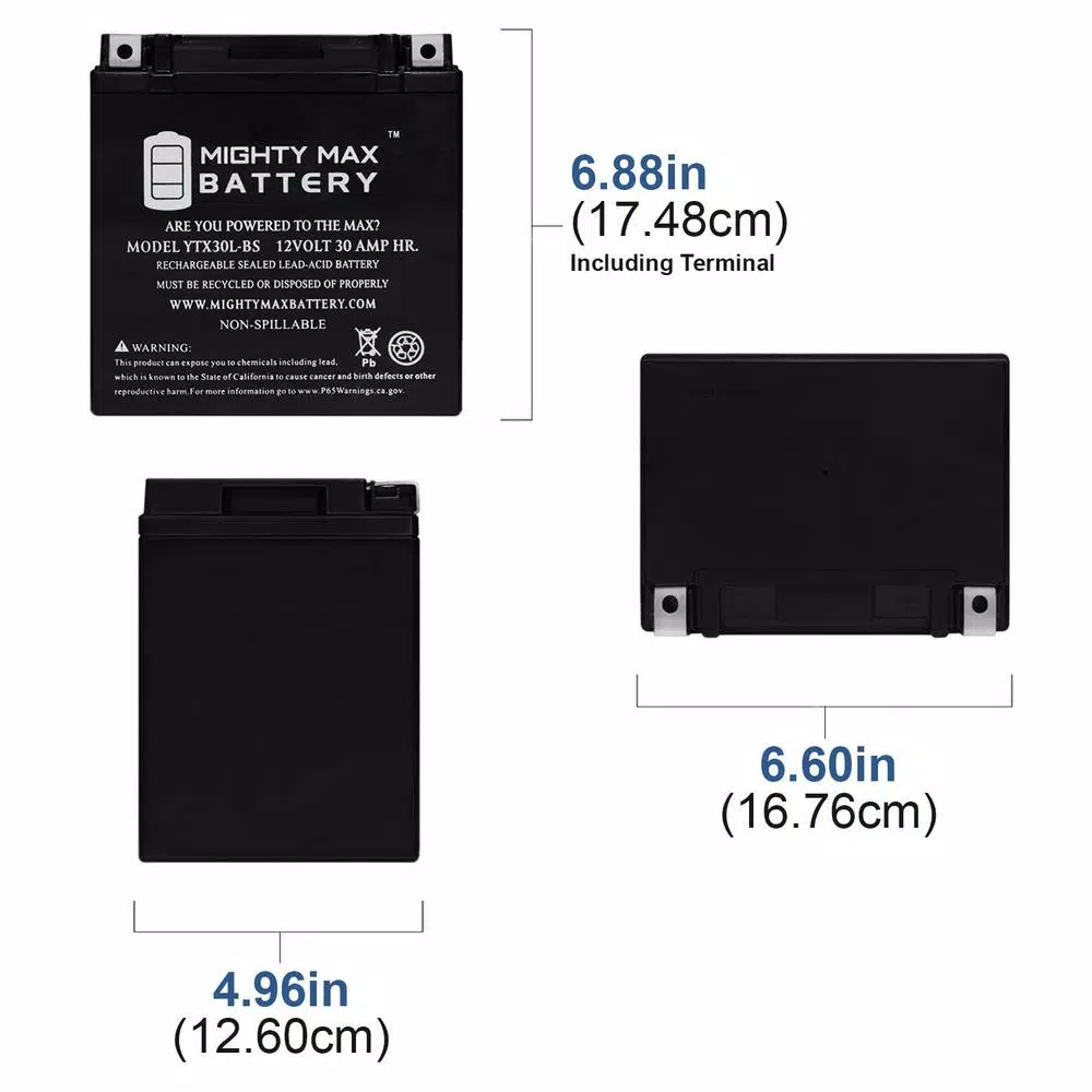 MIGHTY MAX BATTERY YTX30L-BS 12V 30Ah 385 CCA AGM Sealed Lead Acid Powersport Battery