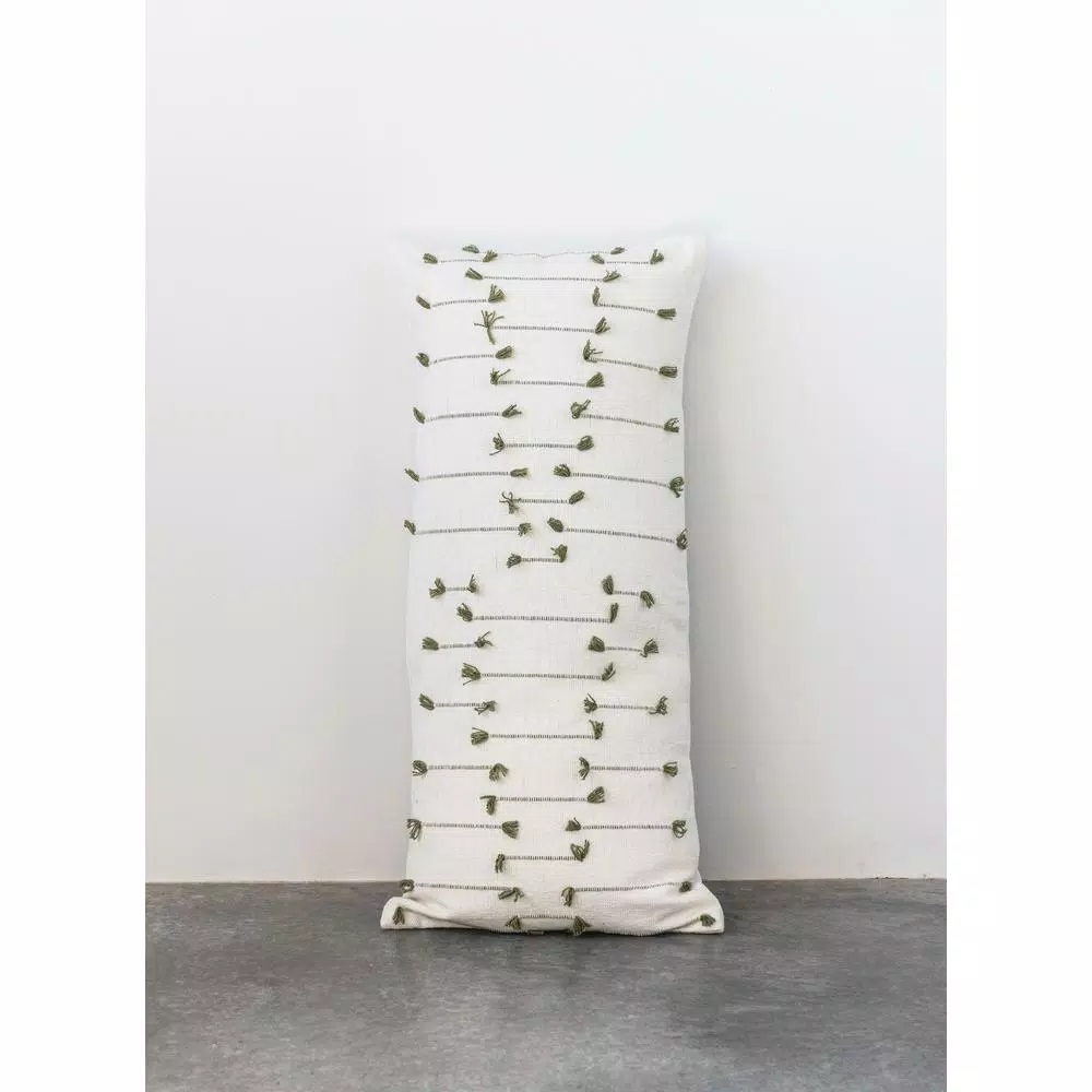 3R Studios White and Green Striped Handwoven Lumbar Throw Pillow, 36 in. x 16 in.