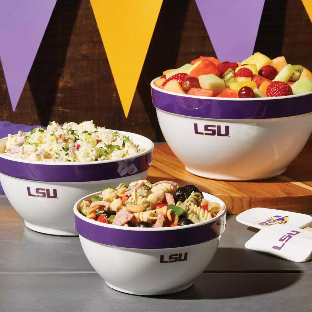 College Kitchen Collection LSU Tigers 3-Piece Nesting Party Bowl Set, Purple Melamine Serving Bowls