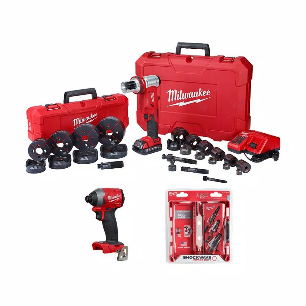Milwaukee M18 FORCE LOGIC 6 Ton Cordless Knockout Tool Kit with Impact Driver & Step Bits