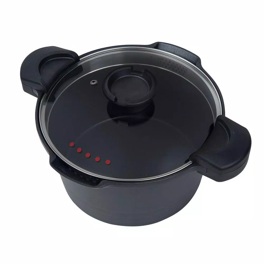 MasterPan 5 Qt. Cast Aluminum Non-Stick Stock and Pasta Pot with Glass Lid and Easy Pour Spout, Black