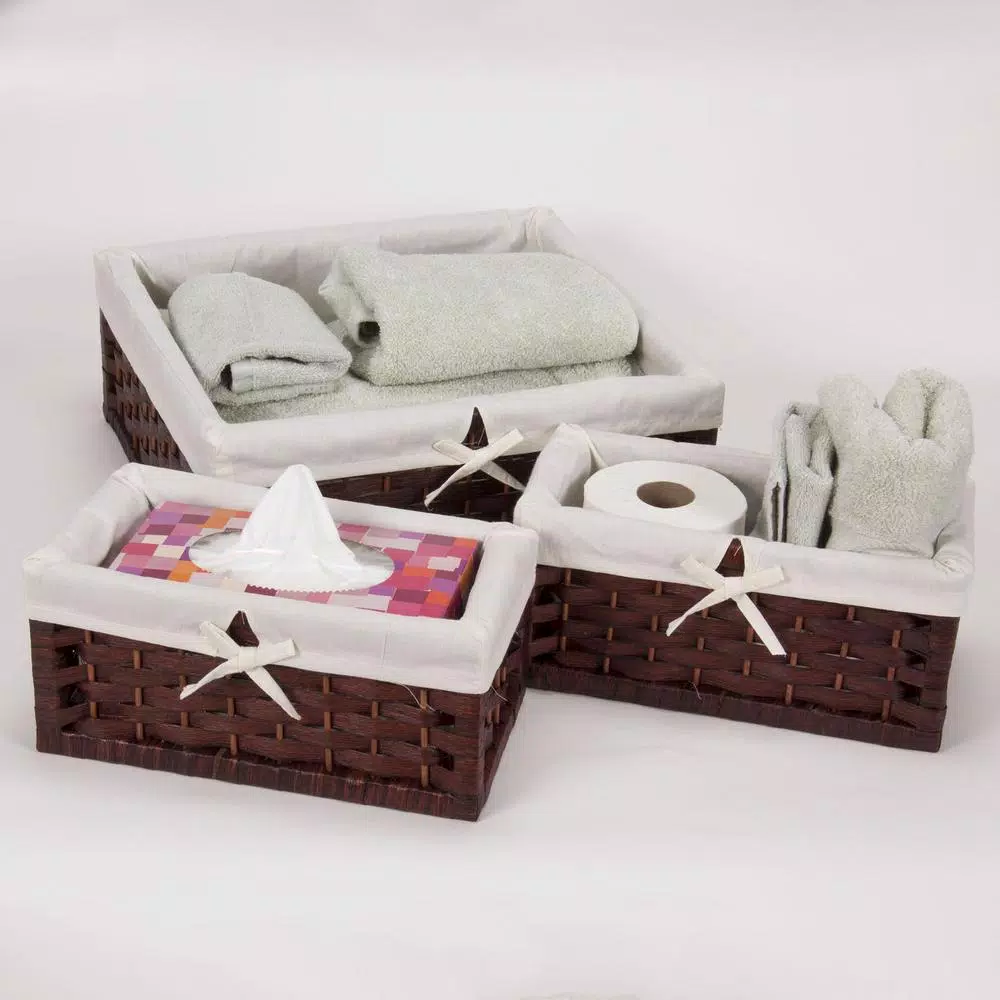 Household Essentials Brown Paper Rope Wicker Utility Basket Set with Washable Cotton Liners (Set of 3)