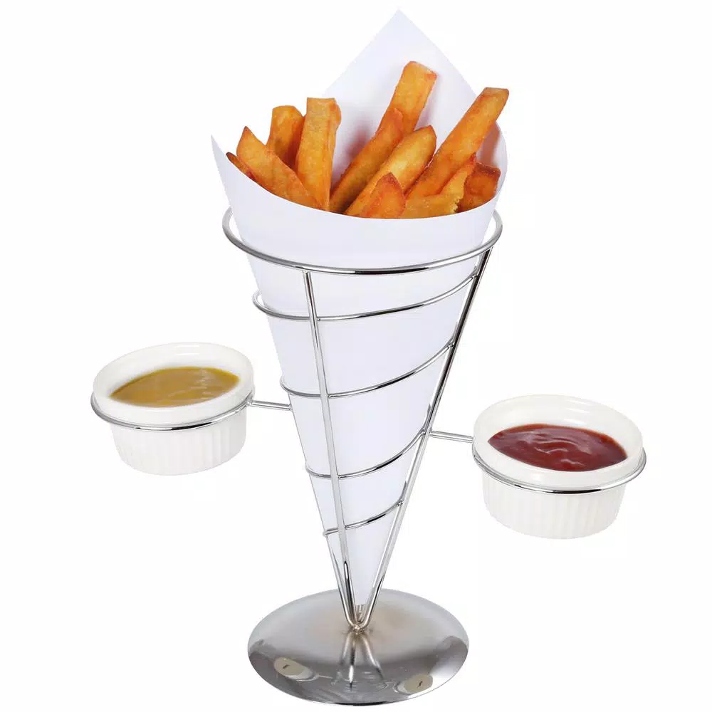 Creative Home Chrome Iron Wire French Fry Serving Set with Single Cone Holder and 2 Ceramic Ramekins