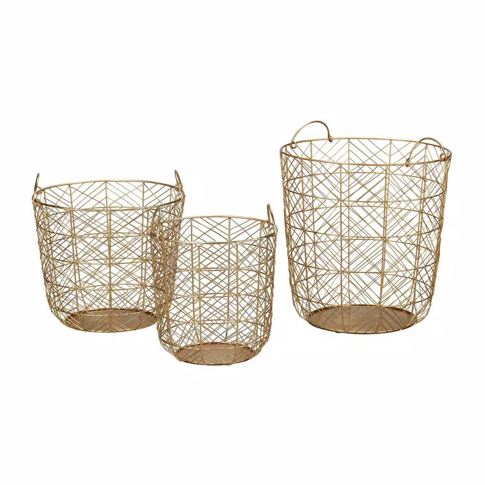 Home Decorators Collection Round Gold Metal Wire Decorative Basket Set, 3-Piece Mid-Century Modern Decor
