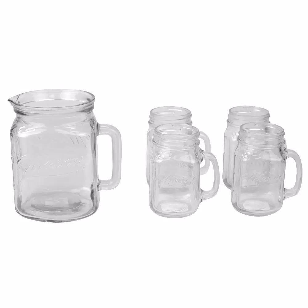 Unbranded Clear Glass Beverage Serveware Set - 2L Pitcher and 4 Matching Mugs