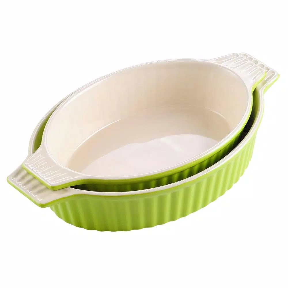 MALACASA 2-Piece Oval Green Porcelain Bakeware Set, 12.75 in. and 14.5 in. Ceramic Baking Pans