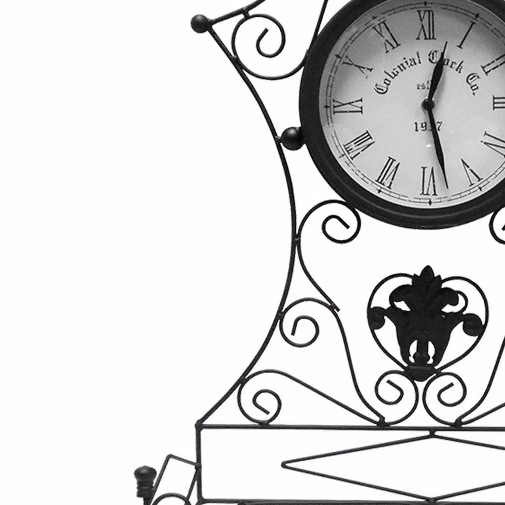 Benjara Epoch Black Metal Outdoor Clock with Scrollwork and Storage Base
