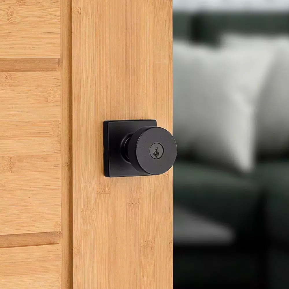 Kwikset Pismo Square Matte Black Keyed Entry Door Knob with SmartKey Security