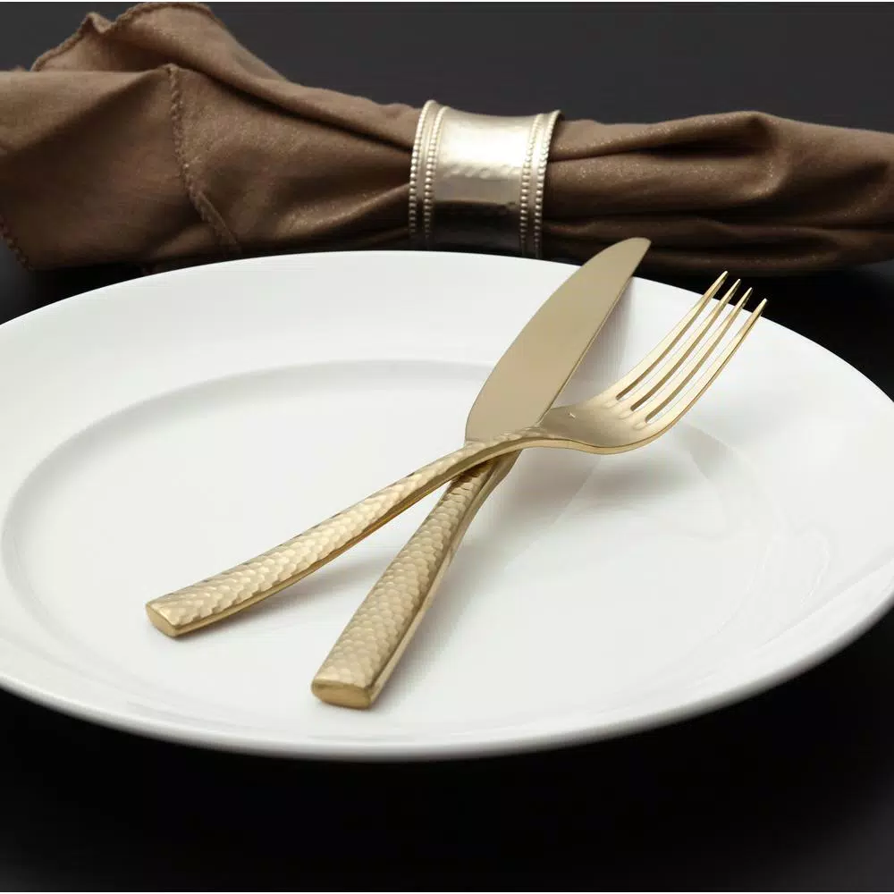 Fortessa Lucca Faceted 5-Piece 18/10 Stainless Steel Brushed Gold Flatware Place Setting