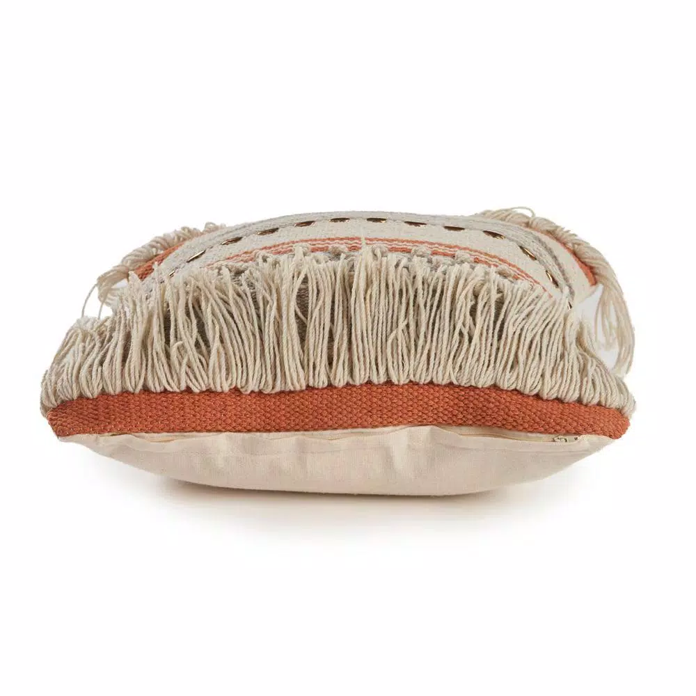 LR Resources Chic Beige Striped Fringe Throw Pillow - 18 x 18 in. Cotton Cover Hypoallergenic Polyester Fill