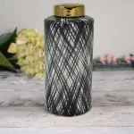 Benjara Large Black and White Ceramic Ginger Jar with Criss Cross Pattern and Gold Lid thumbnail 6