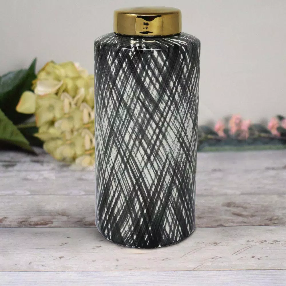 Benjara Large Black and White Ceramic Ginger Jar with Criss Cross Pattern and Gold Lid