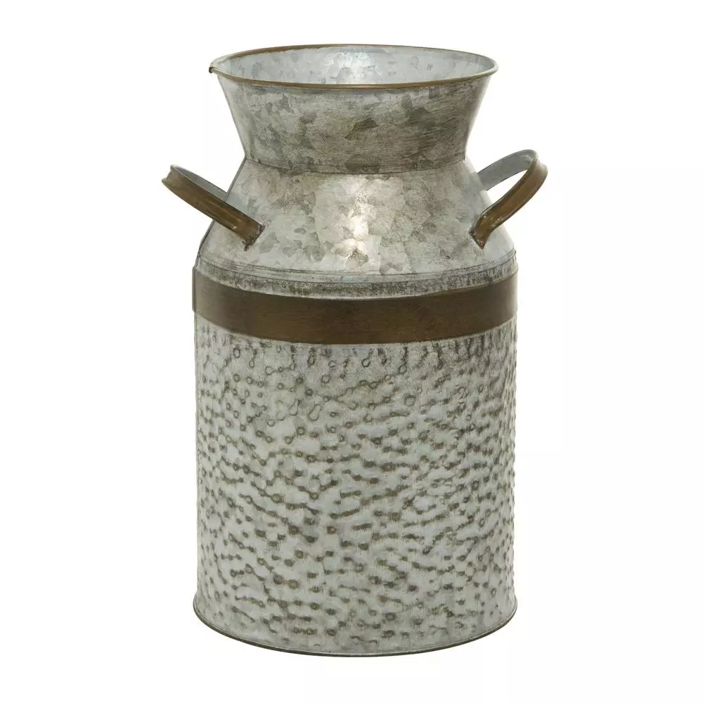 LITTON LANE 12 in. Farmhouse Rustic Galvanized Iron Milk Can with Hammered Finish