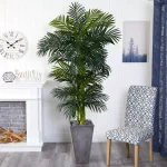 Nearly Natural 7 ft. Golden Cane Artificial Palm Tree with Cement Planter and River Rocks thumbnail 3