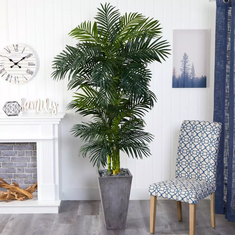 Nearly Natural 7 ft. Golden Cane Artificial Palm Tree with Cement Planter and River Rocks